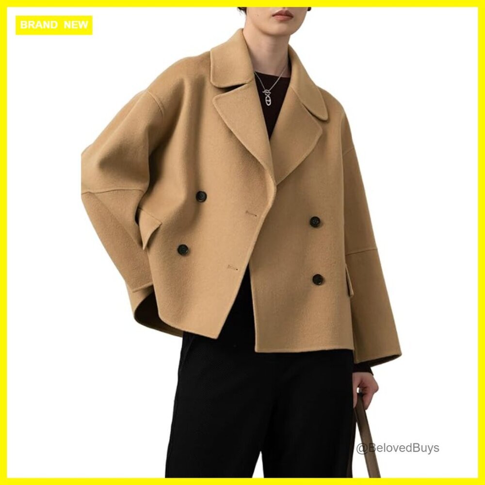 Cropped Wool Pea Coat Notched Lapel Double Breasted Trench Jacket Pockets